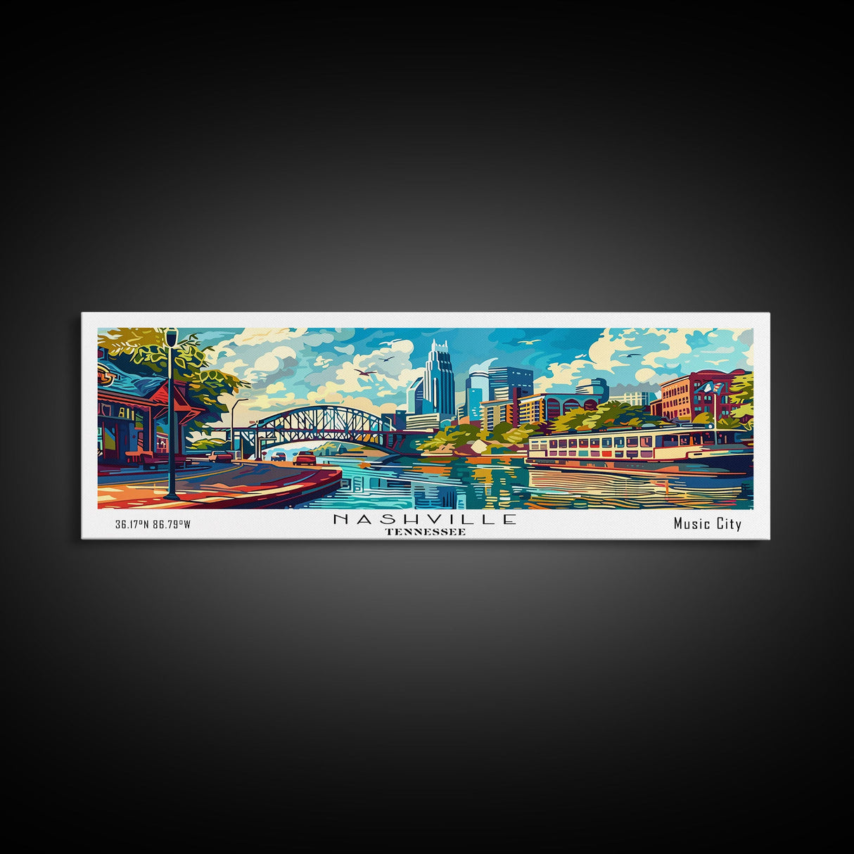 Nashville Tennessee Panoramic Framed Canvas Print, Mid Century Modern Pop Art, Retro Wall Art Decor, Travel Poster Painting