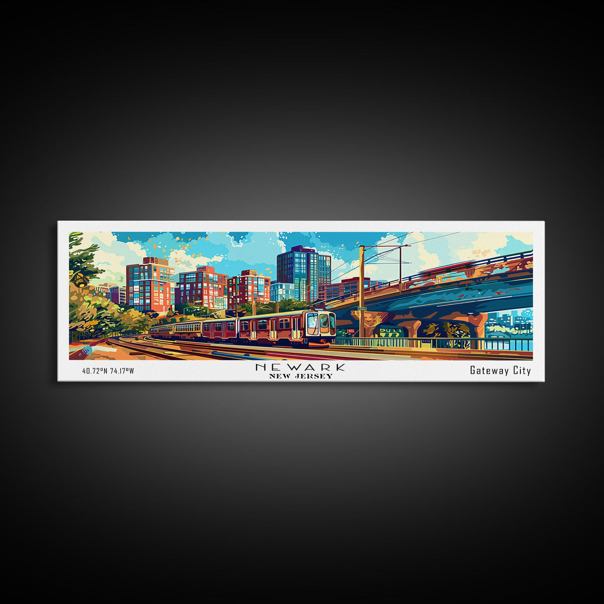 Newark New Jersey Panoramic Painting, Retro Style Framed Canvas Print, Mid Century Modern Wall Art, Pop Art Travel Poster