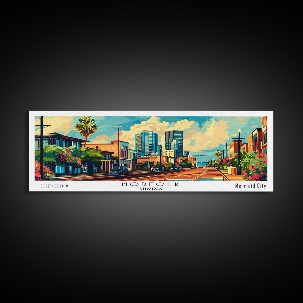 Norfolk Virginia Panoramic Framed Canvas Print, Retro Style Wall Art, Mid Century Modern Home Decor, Pop Art Travel Poster