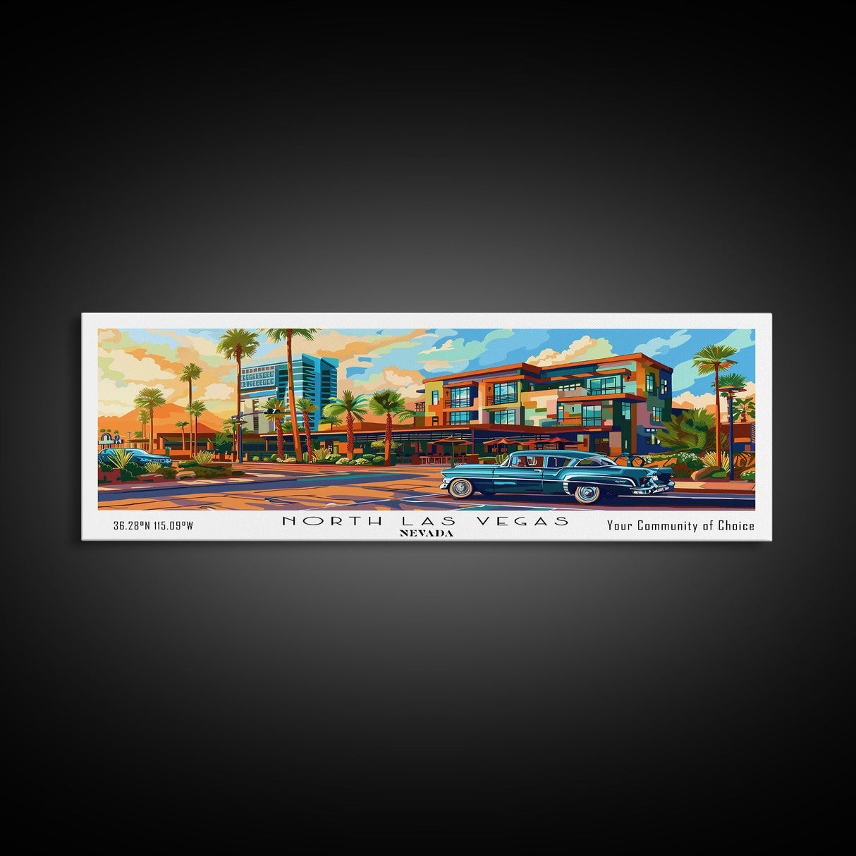 North Las Vegas Nevada Panoramic Painting, Mid Century Modern Framed Canvas Print, Pop Art Wall Hanging, Retro Travel Poster