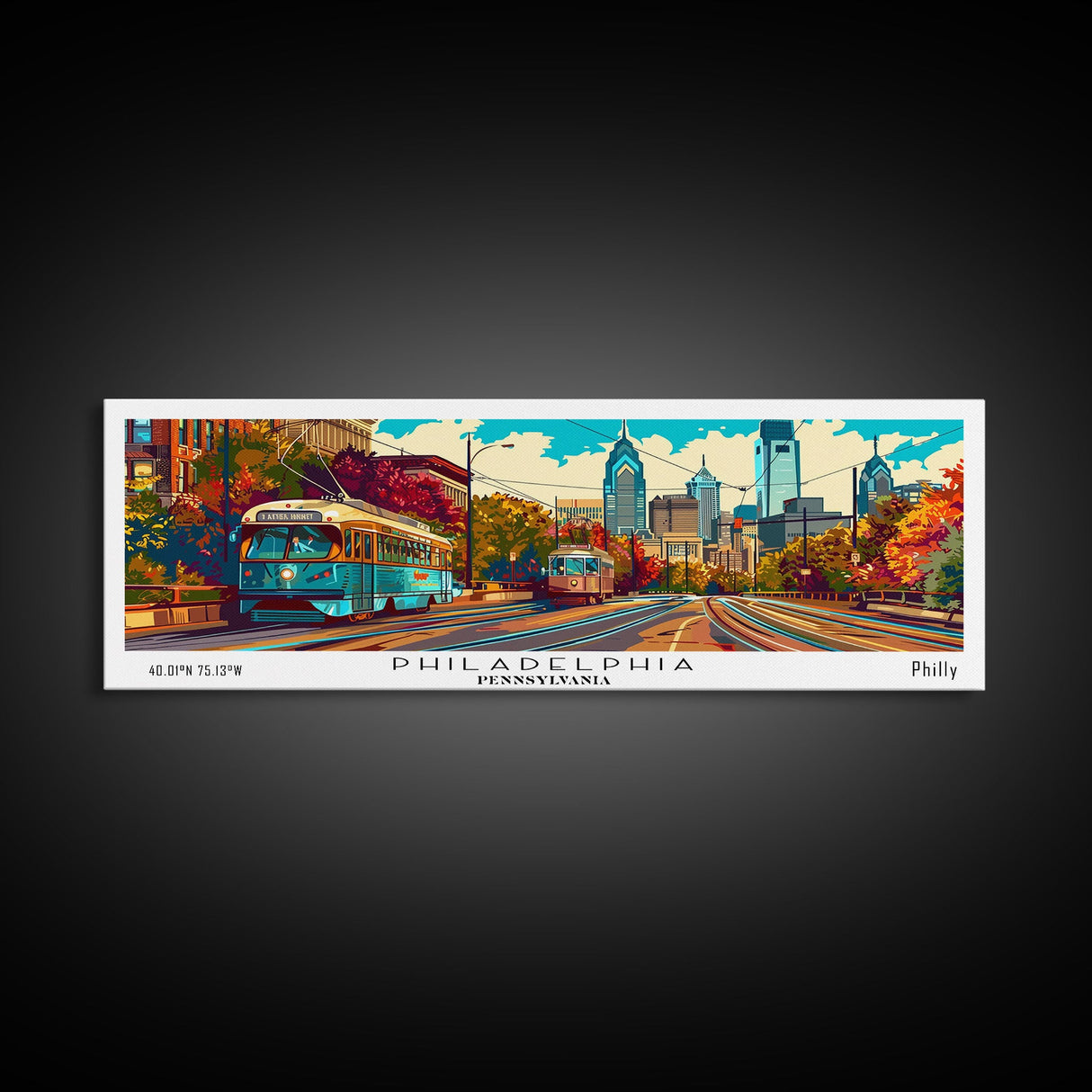 Philadelphia Pennsylvania Panoramic Painting, Retro Style Framed Canvas Print, Mid Century Modern Wall Art, Pop Art Travel Poster