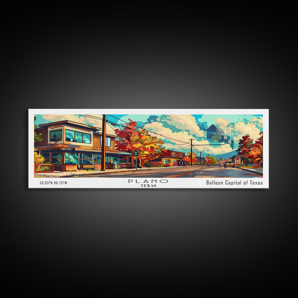 Plano Texas Panoramic Wall Art, Mid Century Modern Framed Canvas Print, Retro Pop Art Travel Poster, Home Decor