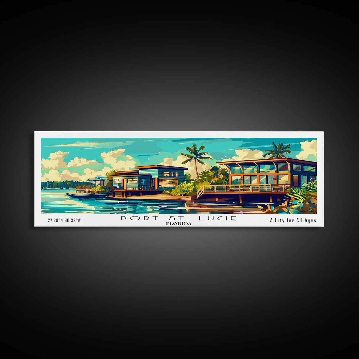 Port St. Lucie Florida Panoramic Framed Canvas Print, Retro Style Wall Art, Mid Century Modern Home Decor, Pop Art Travel Poster