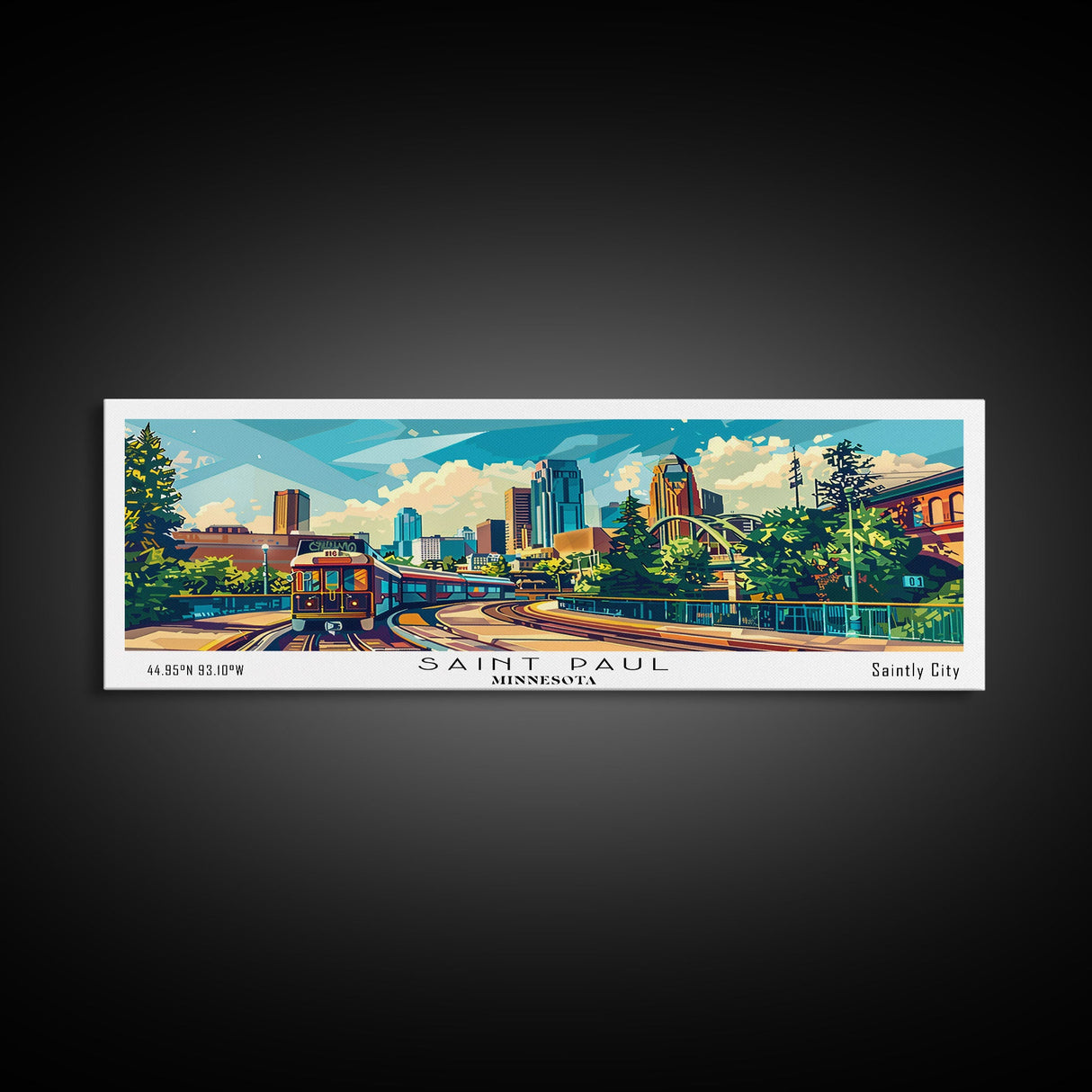 Saint Paul Minnesota Panoramic Framed Canvas Print, Mid Century Modern Pop Art, Retro Wall Art Decor, Travel Poster Painting