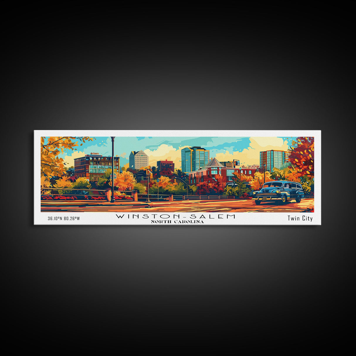 Winston-Salem North Carolina Panoramic Wall Art, Retro Pop Art Framed Canvas Print, Mid Century Modern Travel Poster, Wall Hanging