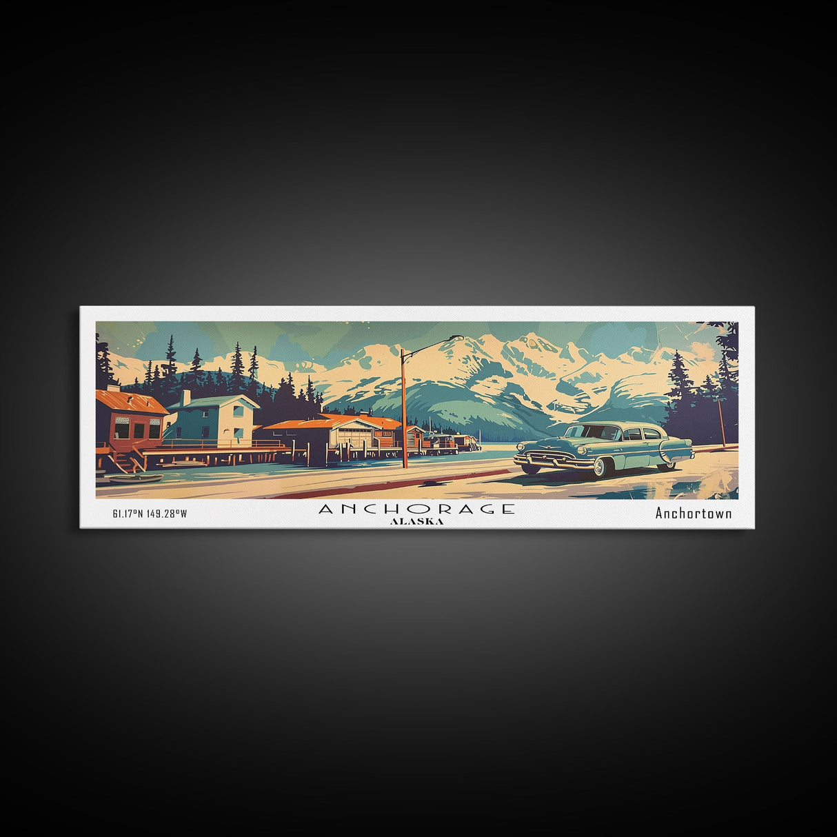 Anchorage Alaska Panoramic Painting, Mid Century Modern Framed Canvas Print, Retro Pop Art Travel Poster, Wall Art, Home Decor, Office Art