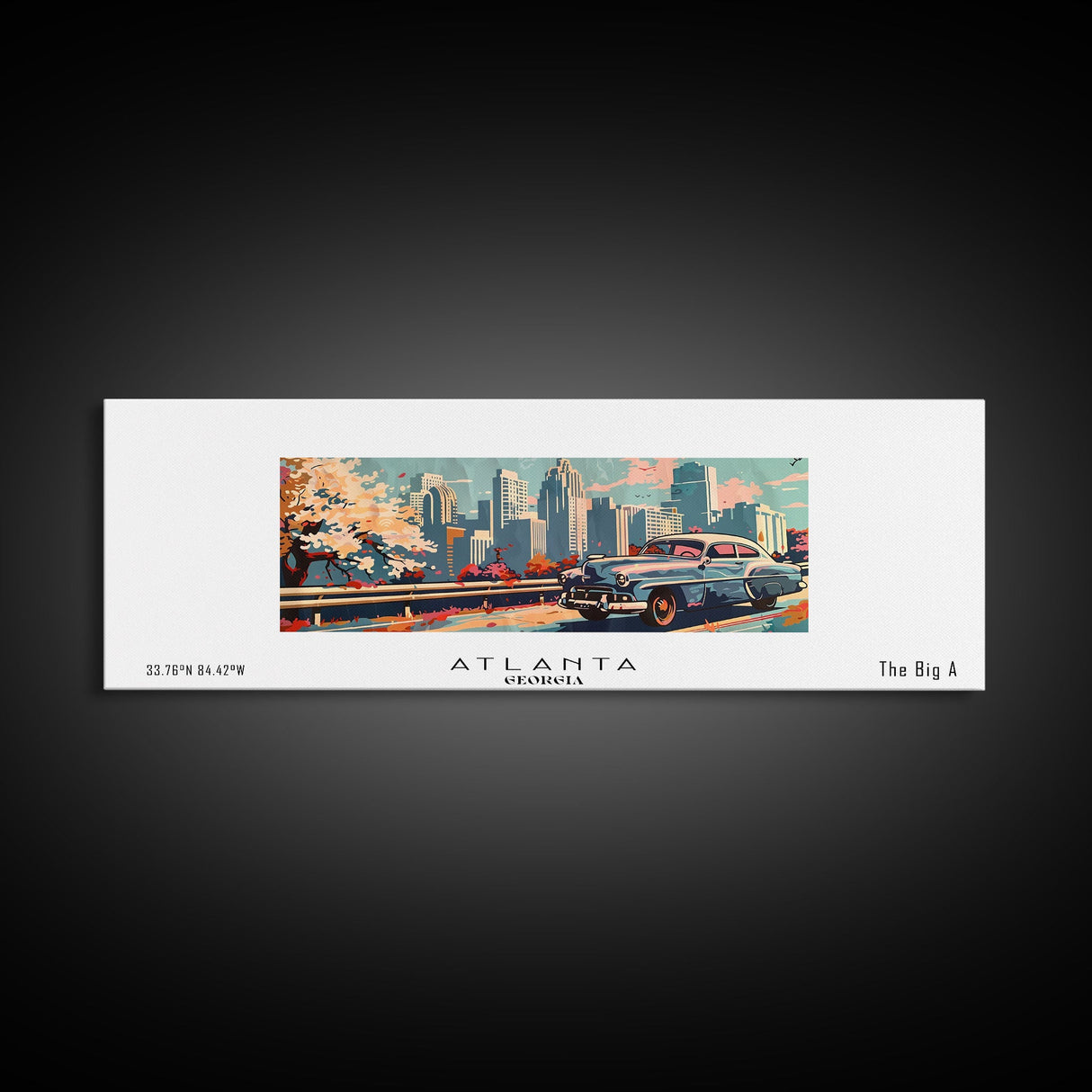 Atlanta Georgia Panoramic Painting, Mid Century Modern Framed Canvas Print, Retro Pop Art Travel Poster, Wall Decor, Gift Idea, Home Decor