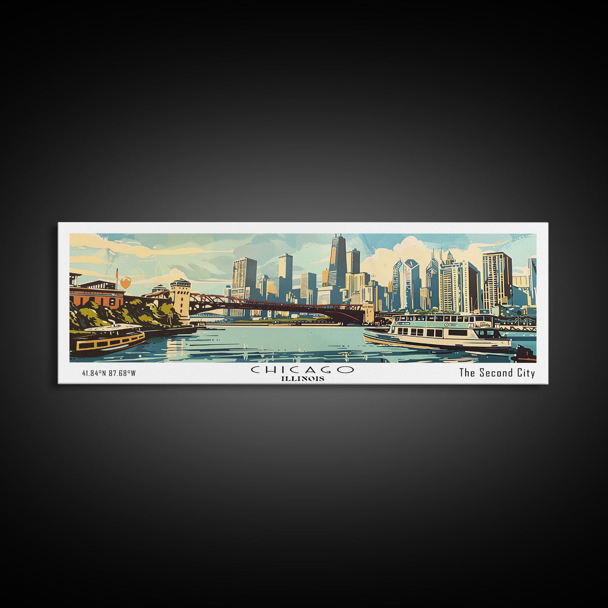 Chicago Illinois Panoramic Painting, Mid Century Modern Framed Canvas Print, Retro Pop Art Travel Poster, Wall Decor, Gift Idea, Home Decor