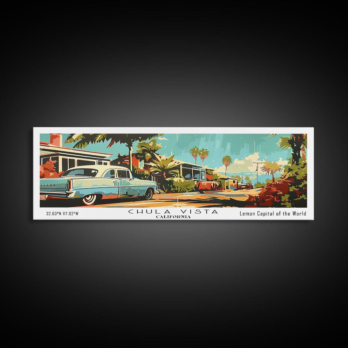 Chula Vista California Panoramic Painting, Mid Century Modern Framed Canvas Print, Retro Pop Art Travel Poster, Wall Decor, Office Art