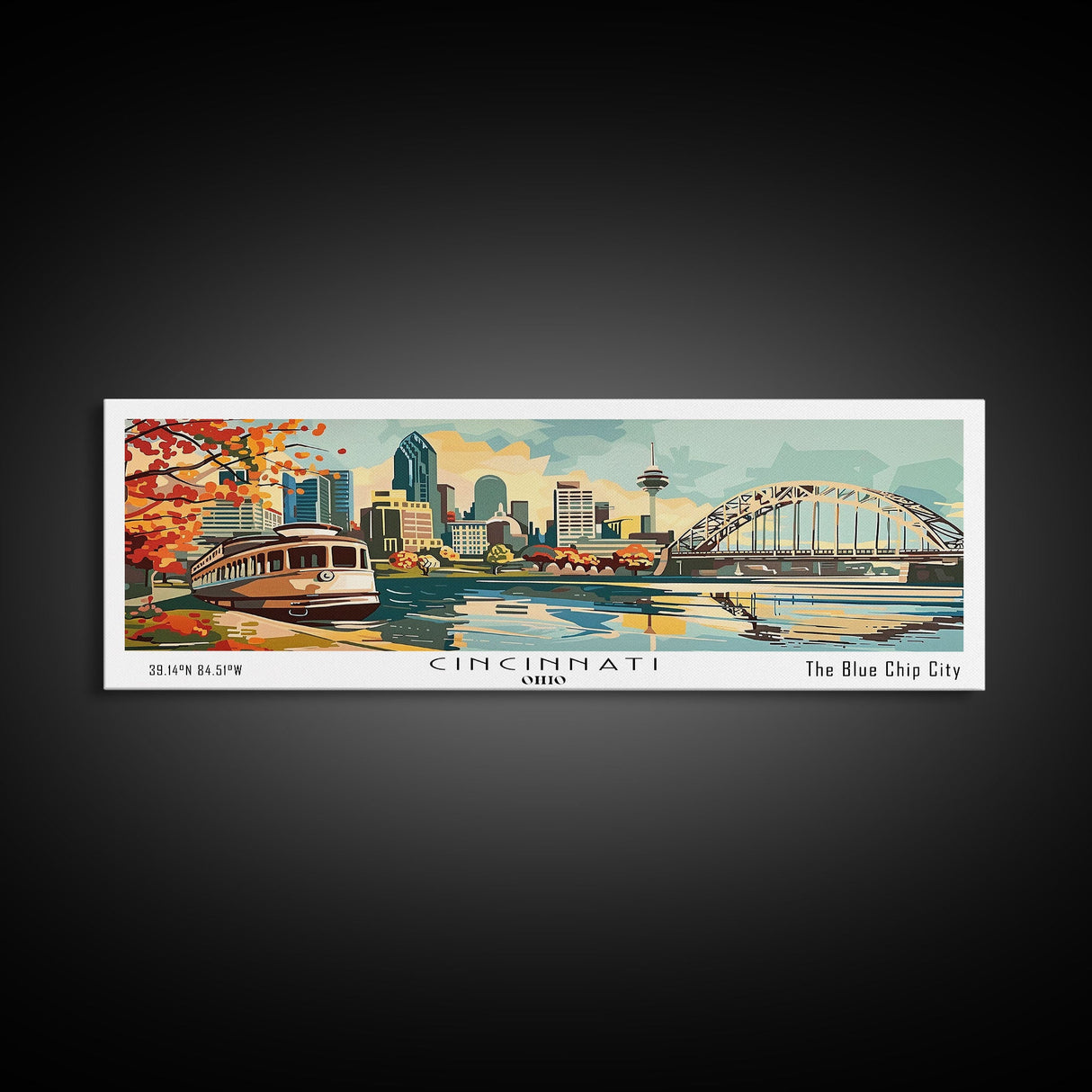 Cincinnati Ohio Panoramic Wall Art, Retro Pop Art Framed Canvas Print, Mid Century Modern Travel Poster, Living Room Decor, Wall Hanging, Office Art