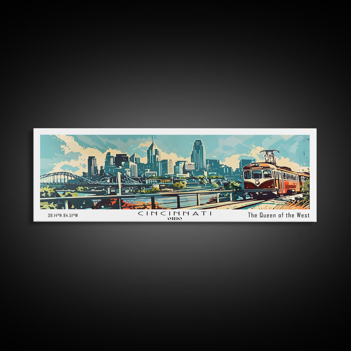 Cincinnati Ohio Panoramic Wall Art, Retro Pop Art Framed Canvas Print, Mid Century Modern Travel Poster, Living Room Decor, Wall Hanging, Office Art