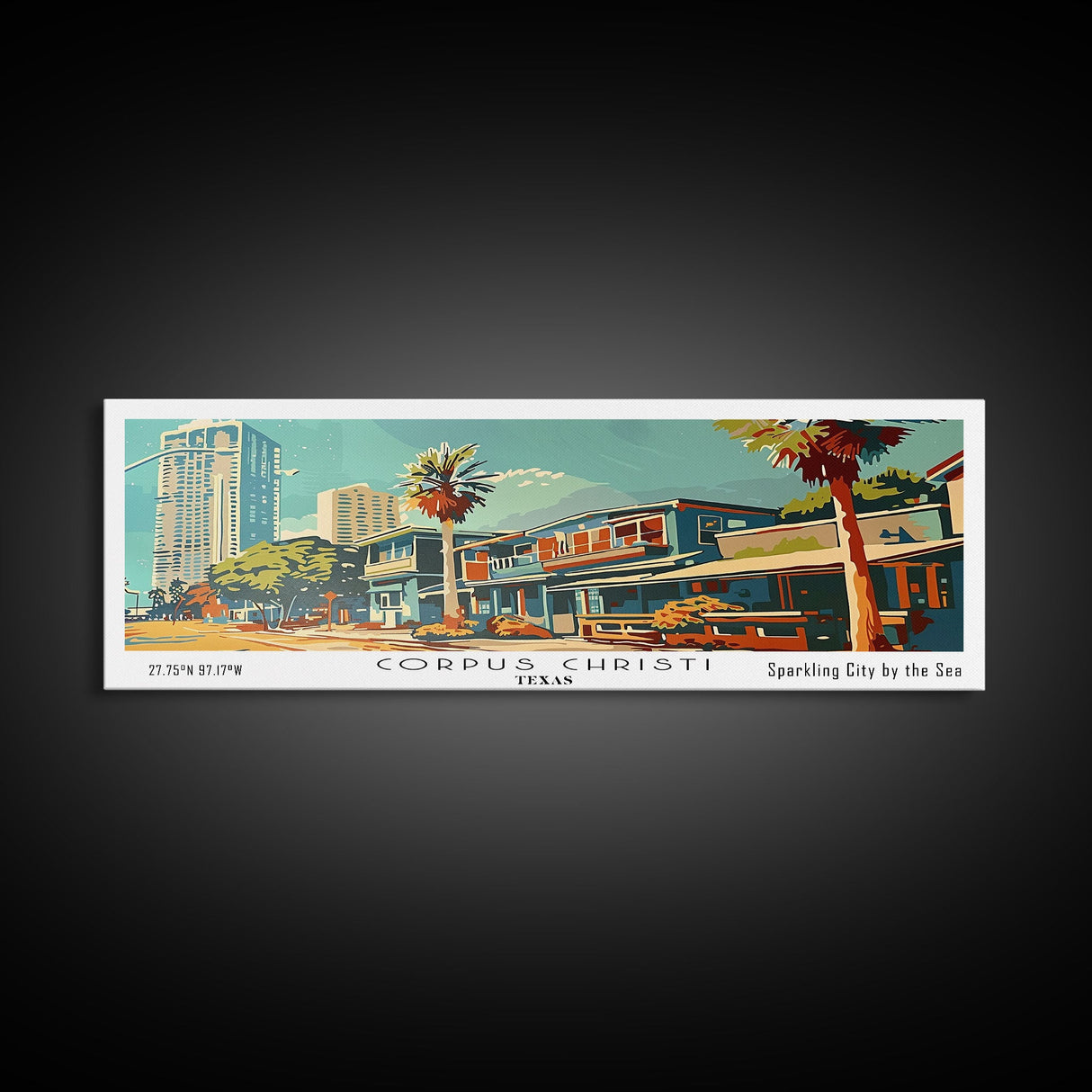 Corpus Christi Texas Panoramic Painting, Mid Century Modern Framed Canvas Print, Retro Pop Art Travel Poster, Wall Decor, Home Decor, Wall Hanging