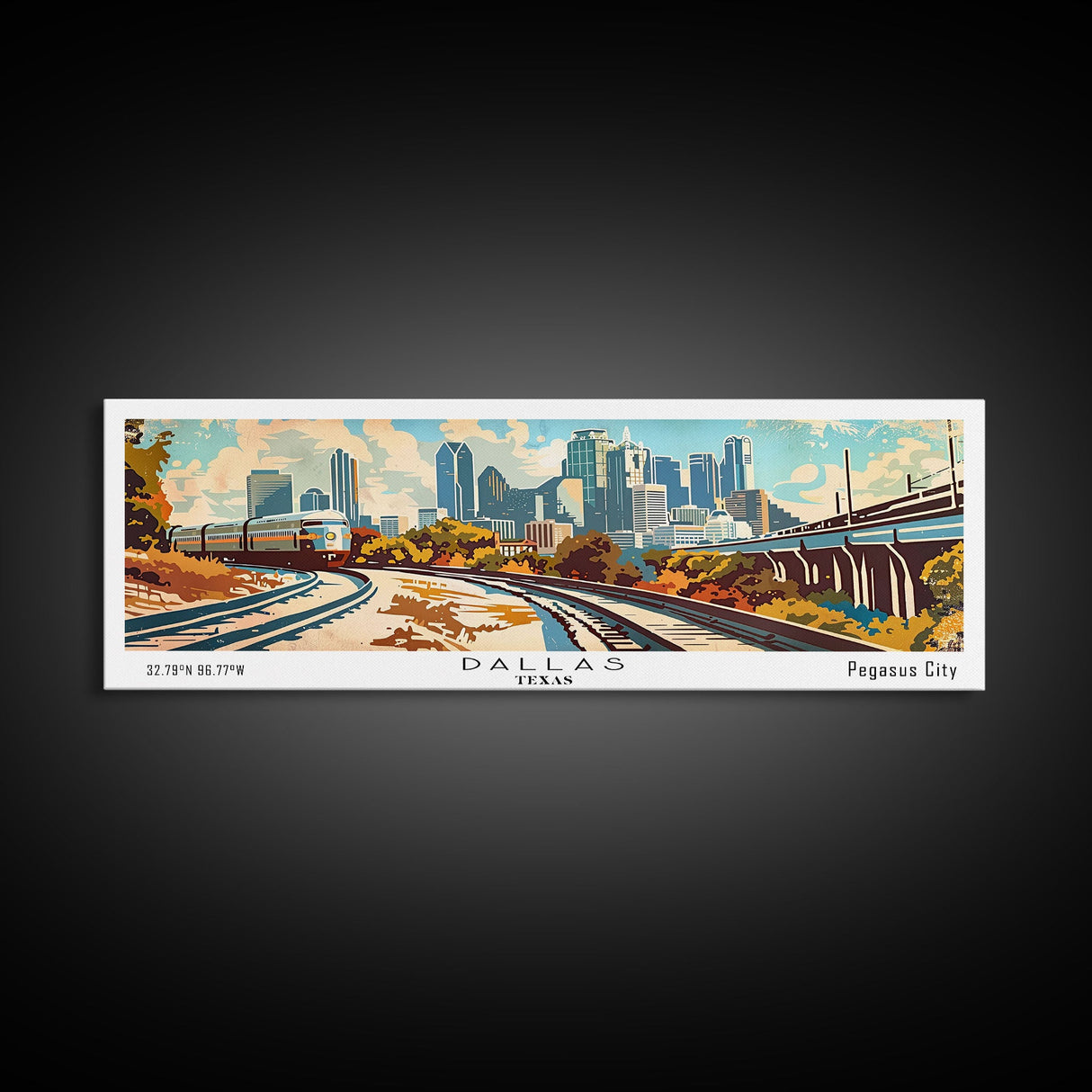 Dallas Texas Panoramic Wall Art, Retro Pop Art Framed Canvas Print, Mid Century Modern Travel Poster, Living Room Decor, Office Art