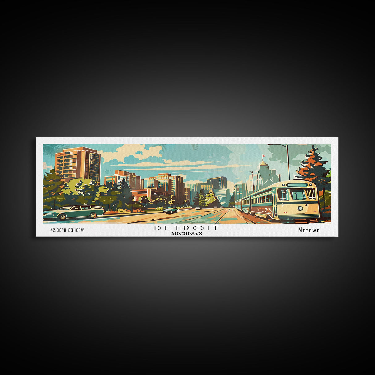 Detroit Michigan Panoramic Wall Art, Mid Century Modern Framed Canvas Print, Retro Pop Art Travel Poster, Office Art, Living Room Decor