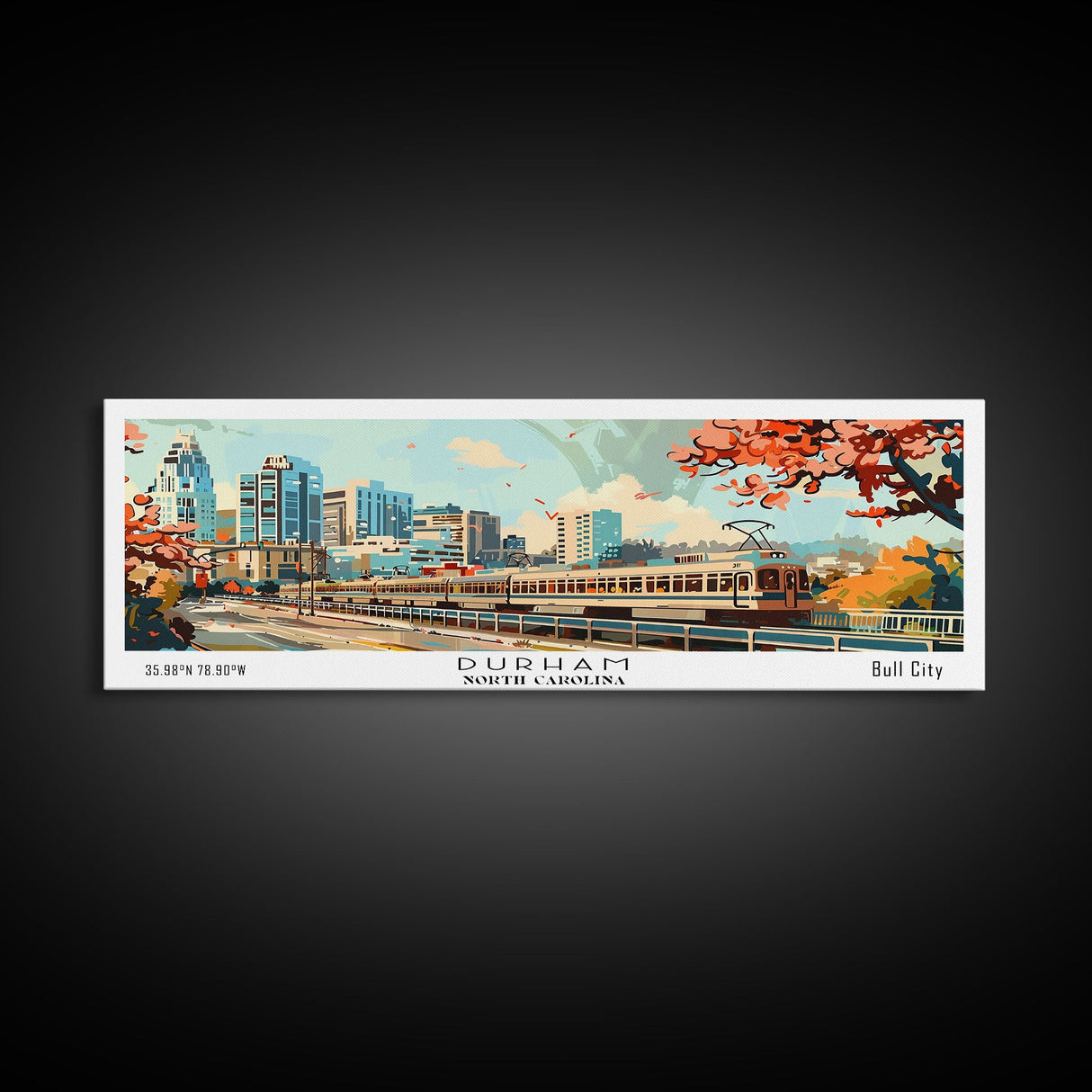 Durham North Carolina Panoramic Painting, Mid Century Modern Framed Canvas Print, Retro Pop Art Travel Poster, Wall Decor, Home Decor, Wall Hanging