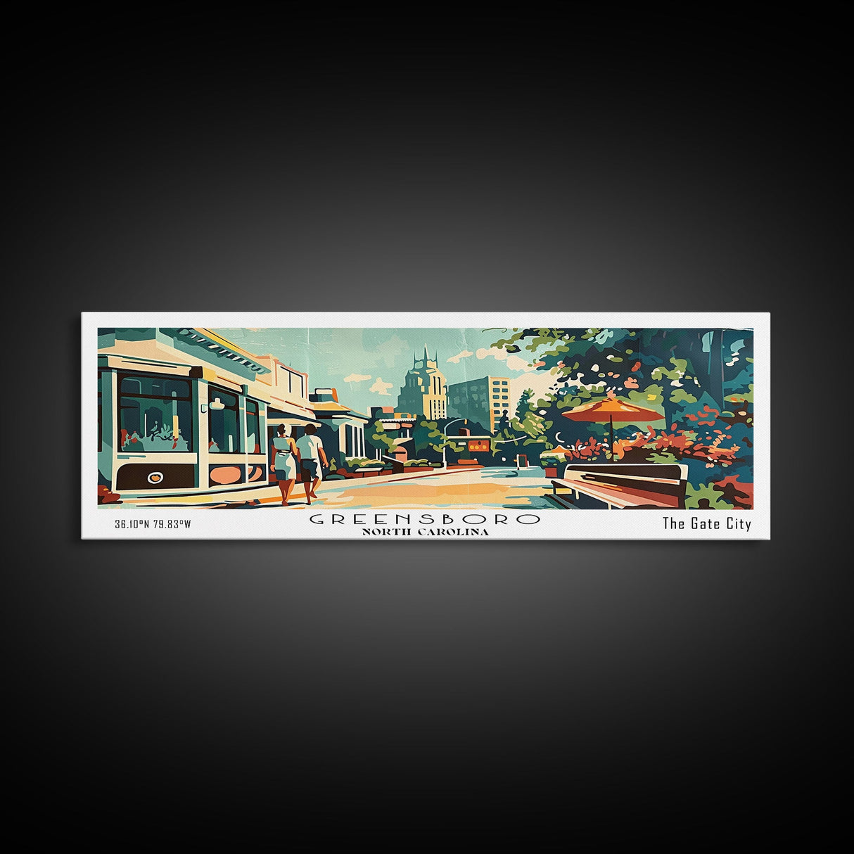 Greensboro North Carolina Panoramic Painting, Mid Century Modern Framed Canvas Print, Retro Pop Art Travel Poster, Wall Art, Living Room Decor, Office Art