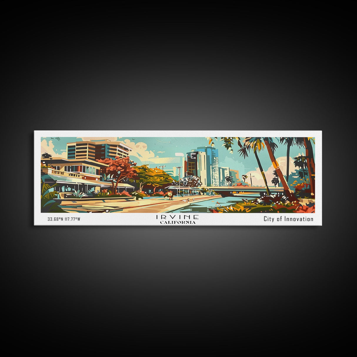 Irvine California Panoramic Wall Art, Mid Century Modern Framed Canvas Print, Retro Pop Art Travel Poster, Home Decor, Living Room Art, Office Wall Hanging