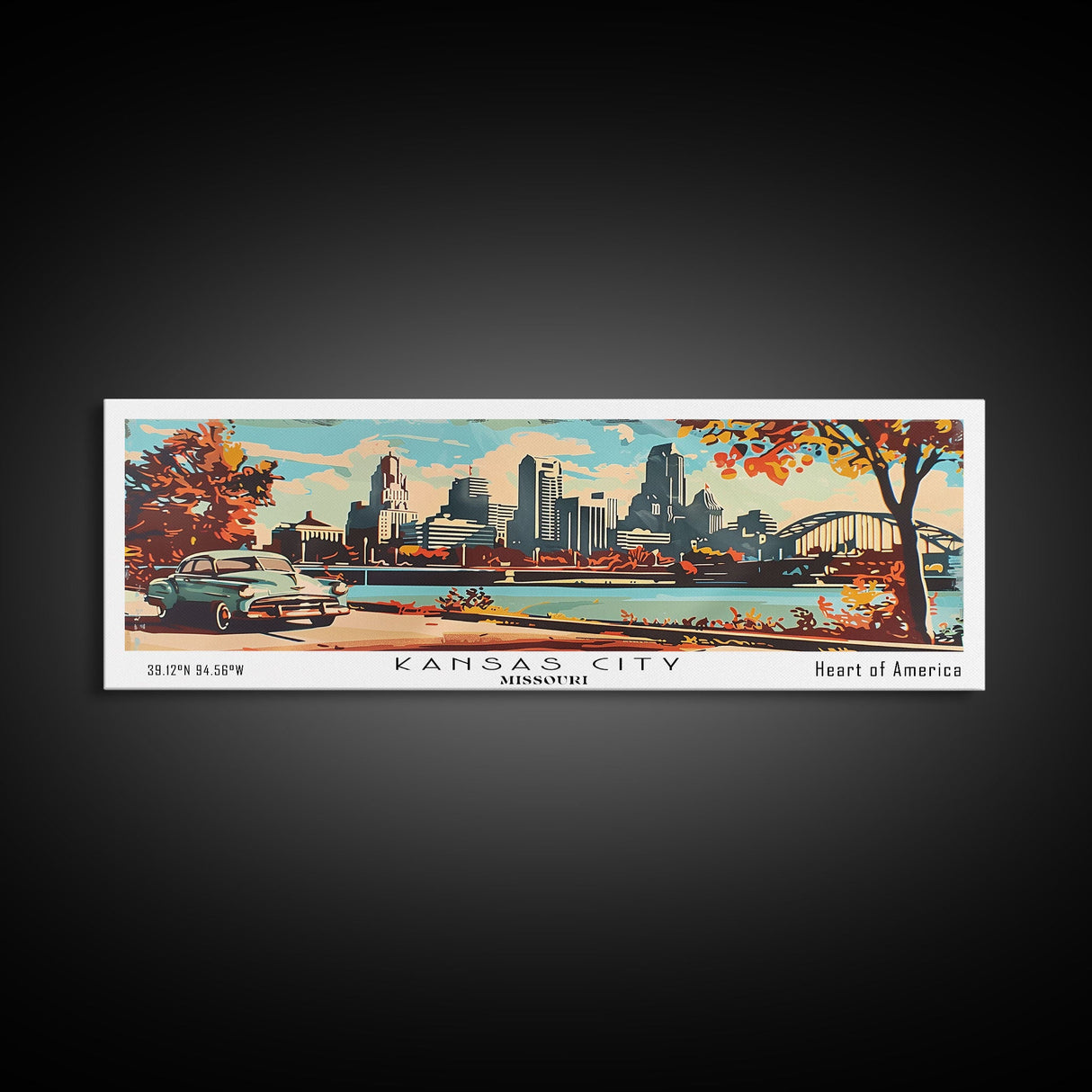 Kansas City Missouri Panoramic Wall Art, Mid Century Modern Framed Canvas Print, Retro Pop Art Travel Poster, Home Decor, Office Art, Gift Idea, Wall Hanging