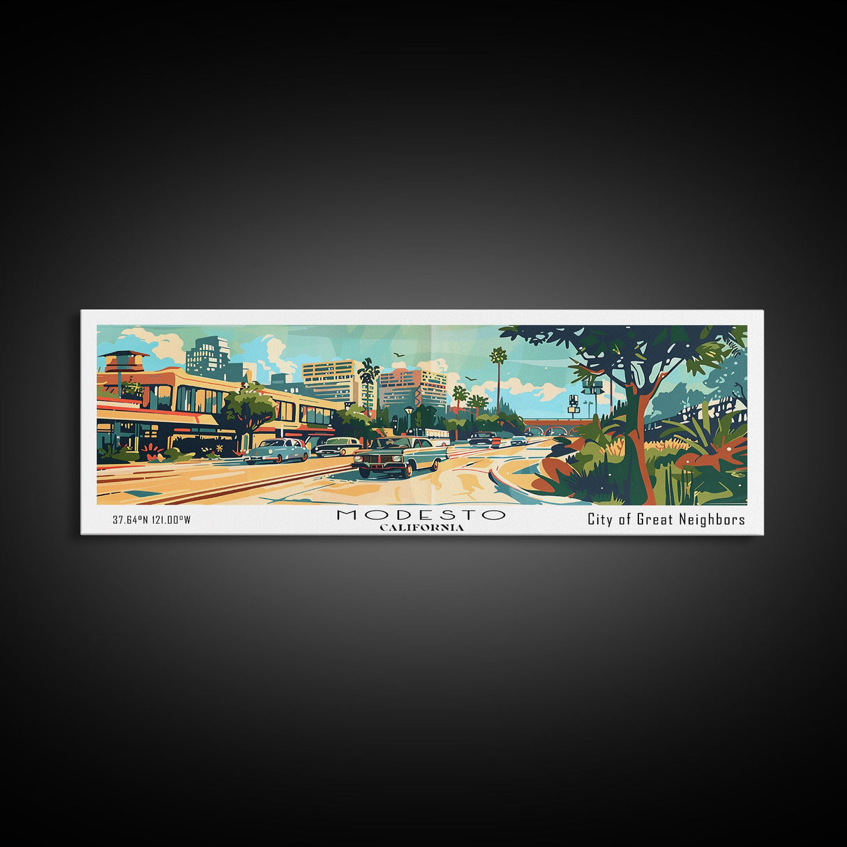 Modesto California Panoramic Wall Art, Mid Century Modern Framed Canvas Print, Retro Pop Art Travel Poster, Home Decor, Office Art, Living Room Wall Hanging, Gift Idea