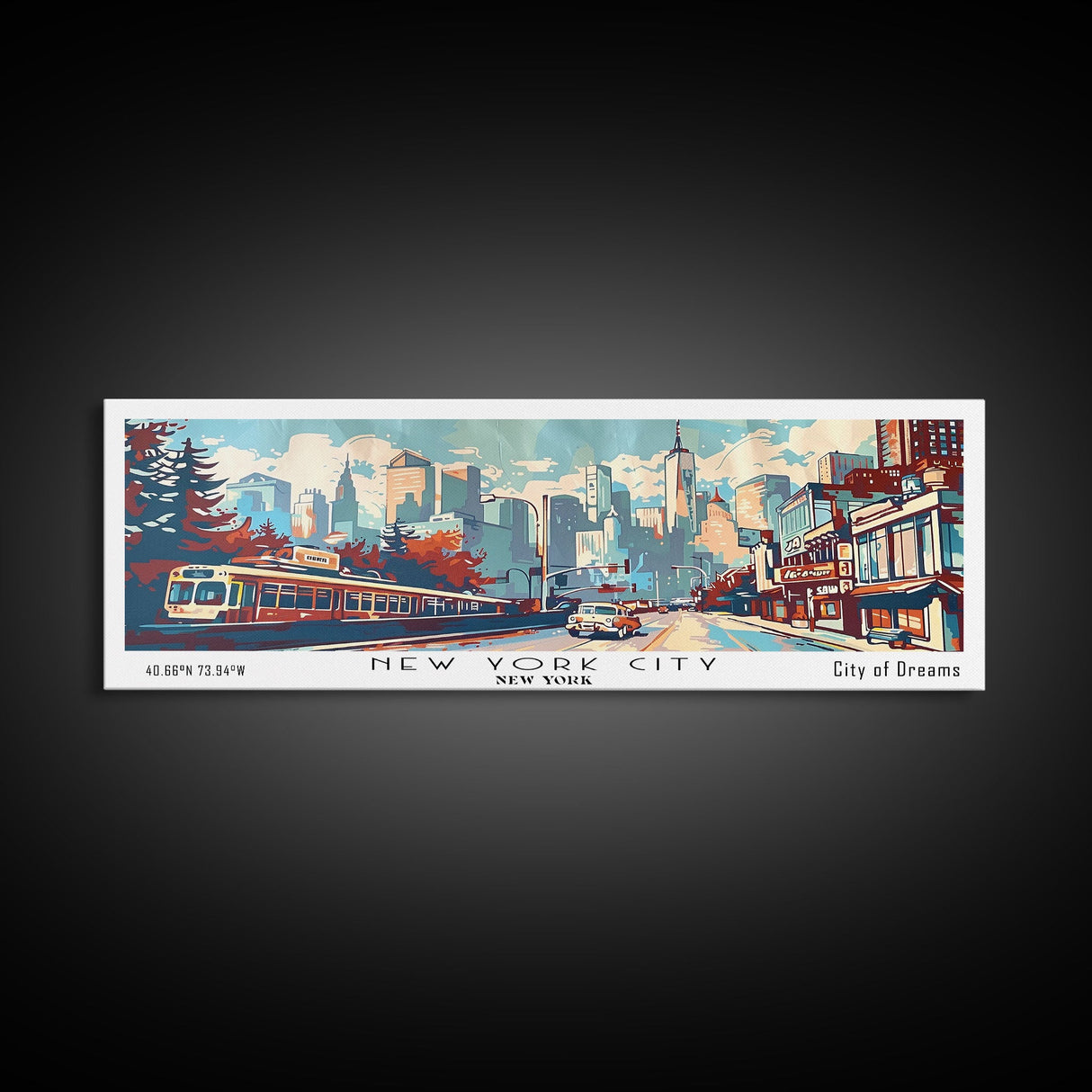 New York New York Panoramic Wall Art, Mid Century Modern Framed Canvas Print, Retro Pop Art Travel Poster, Home Decor, Office Art, Gift Idea, Living Room Wall Hanging