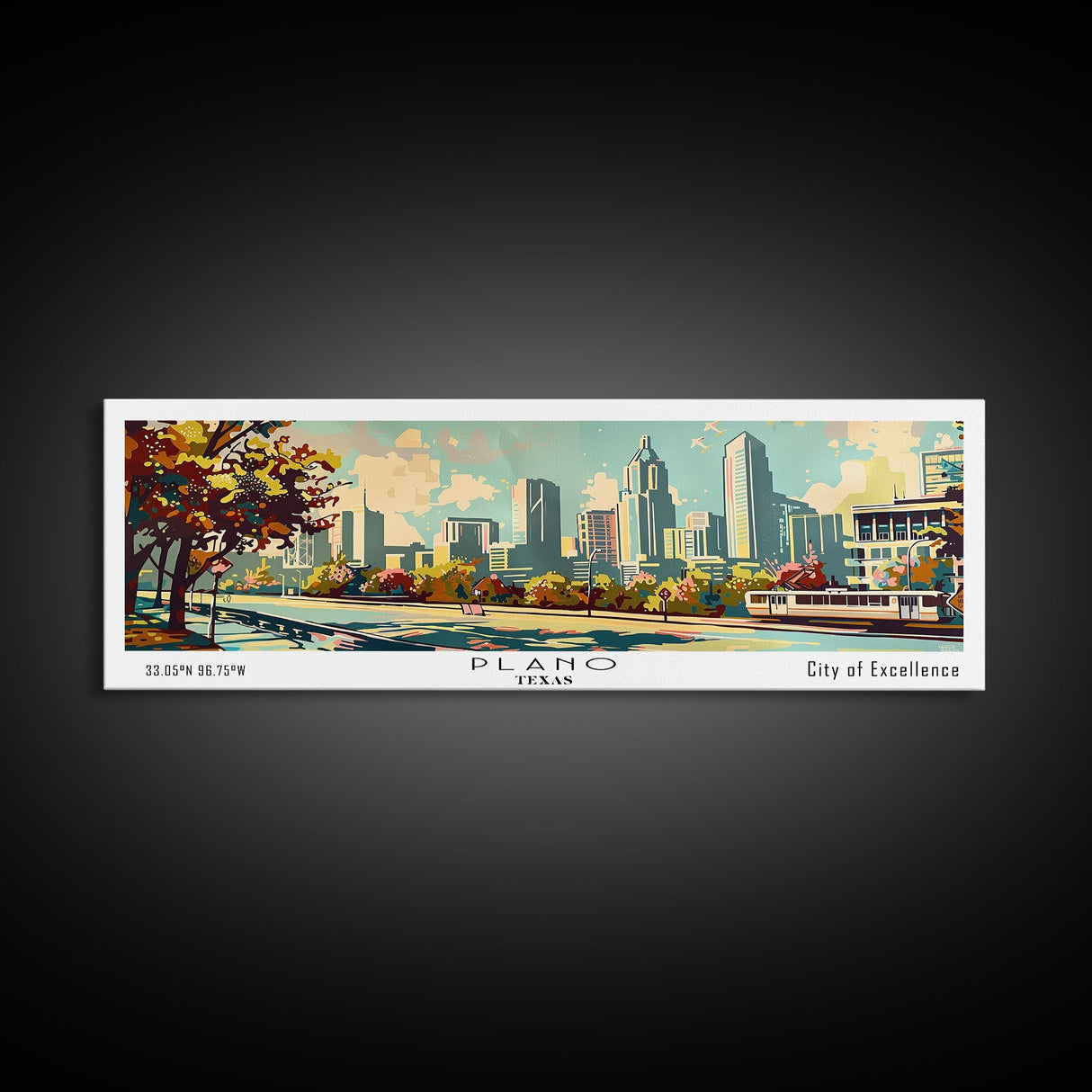 Plano Texas Panoramic Painting, Mid Century Modern Framed Canvas Print, Retro Pop Art Travel Poster, Living Room and Office Decor