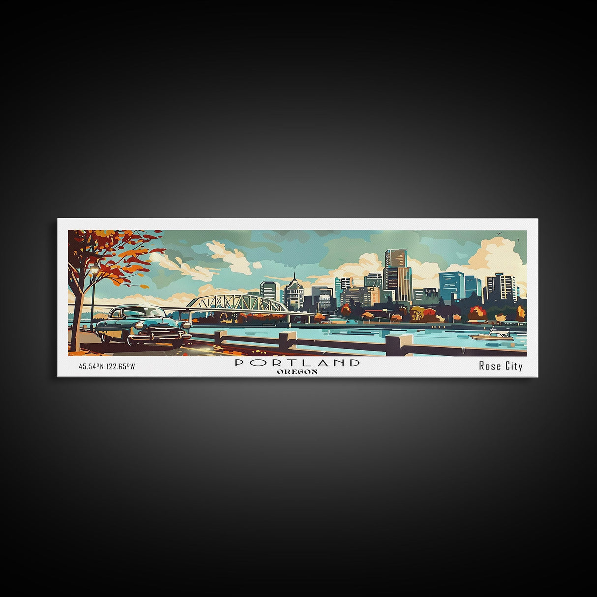 Portland Oregon Panoramic Wall Art, Mid Century Modern Framed Canvas Print, Retro Pop Art Travel Poster, Home Office and Living Room Decor