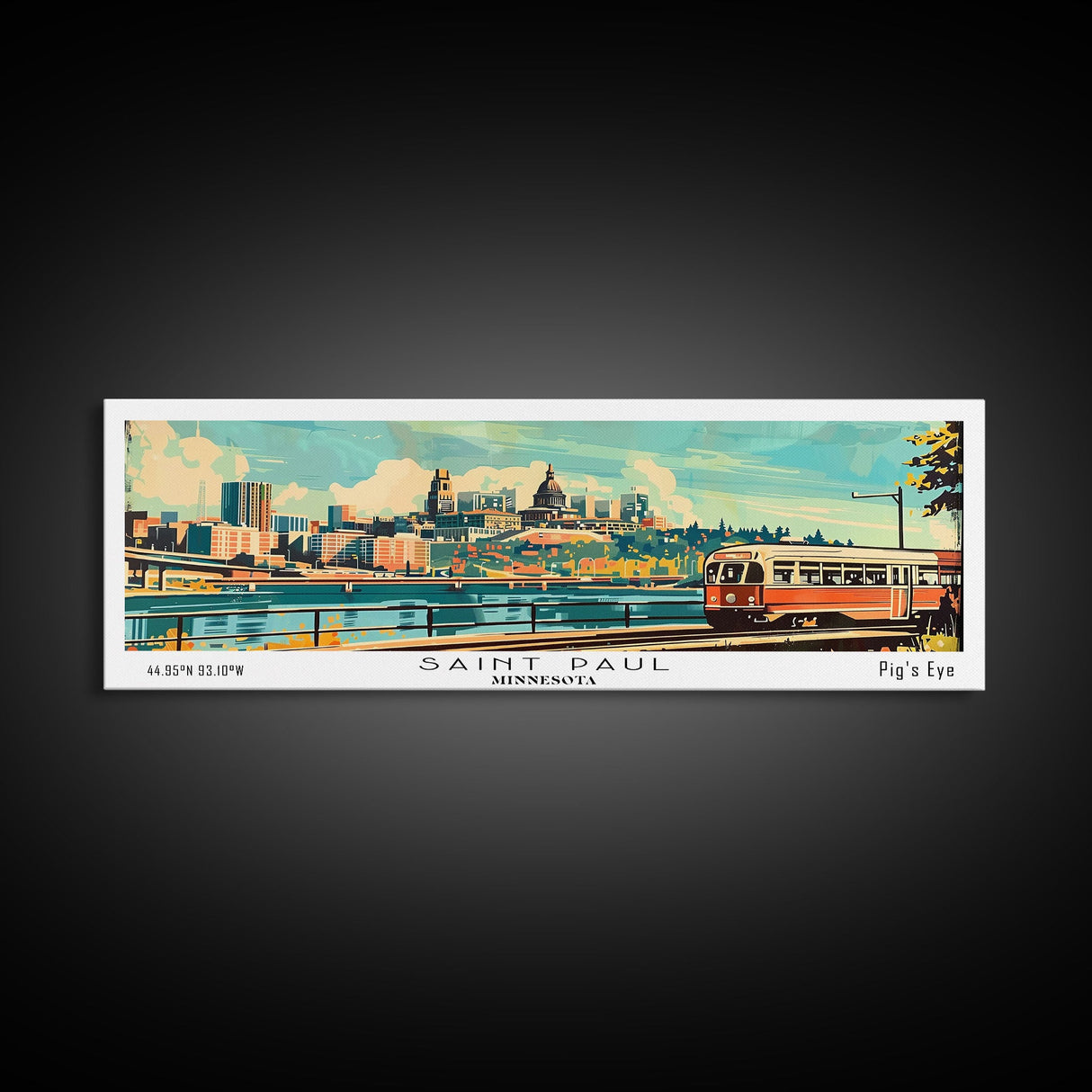 Saint Paul Minnesota Panoramic Wall Art, Mid Century Modern Framed Canvas Print, Retro Pop Art Travel Poster, Living Room and Office Decor