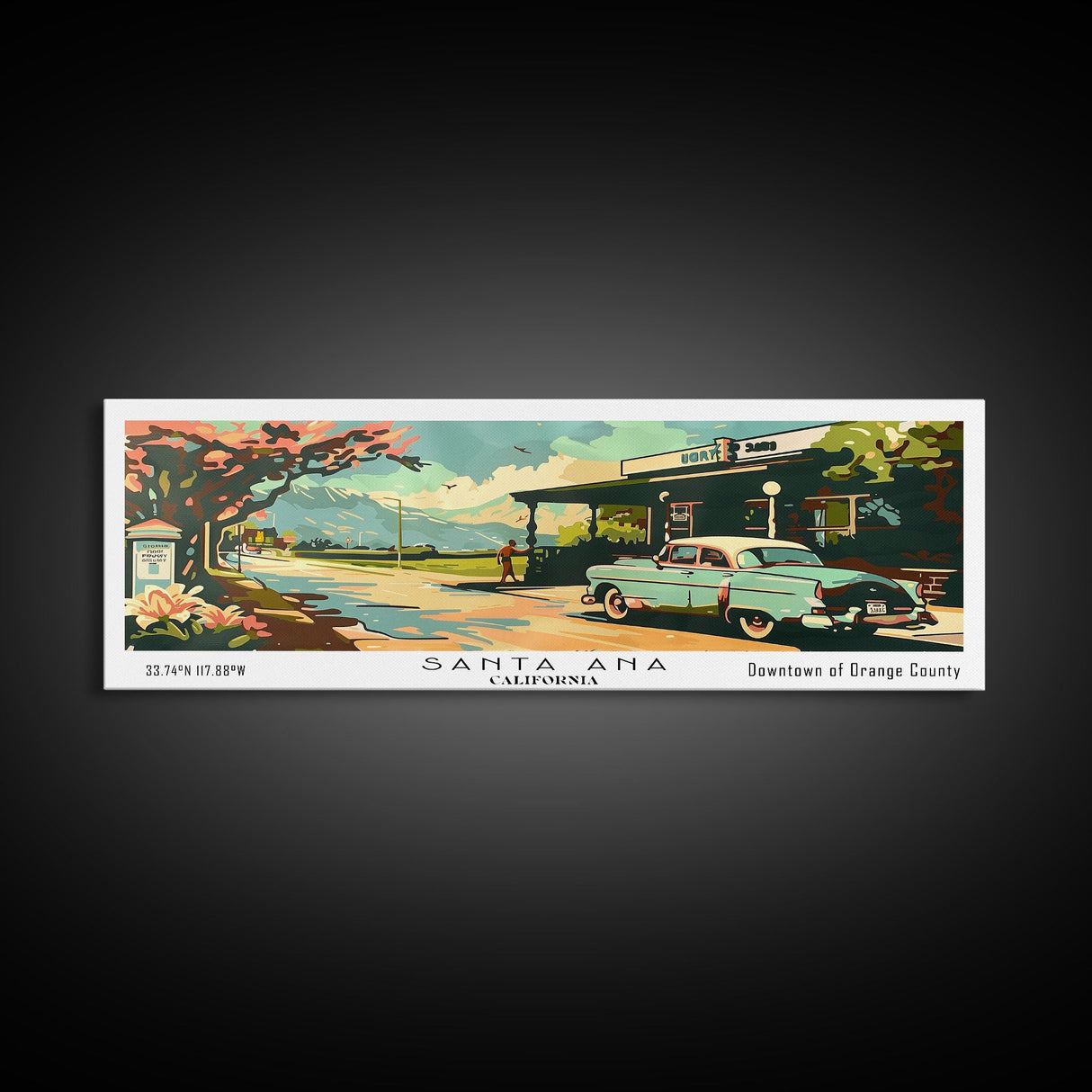 Santa Ana California Panoramic Painting, Mid Century Modern Framed Canvas Print, Retro Pop Art Travel Poster, Living Room and Office Wall Art