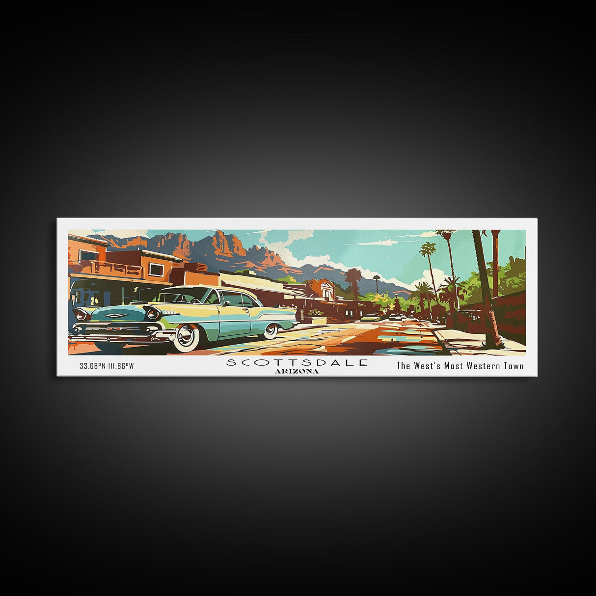 Scottsdale Arizona Panoramic Painting, Mid Century Modern Framed Canvas Print, Retro Pop Art Travel Poster, Living Room and Office Wall Art