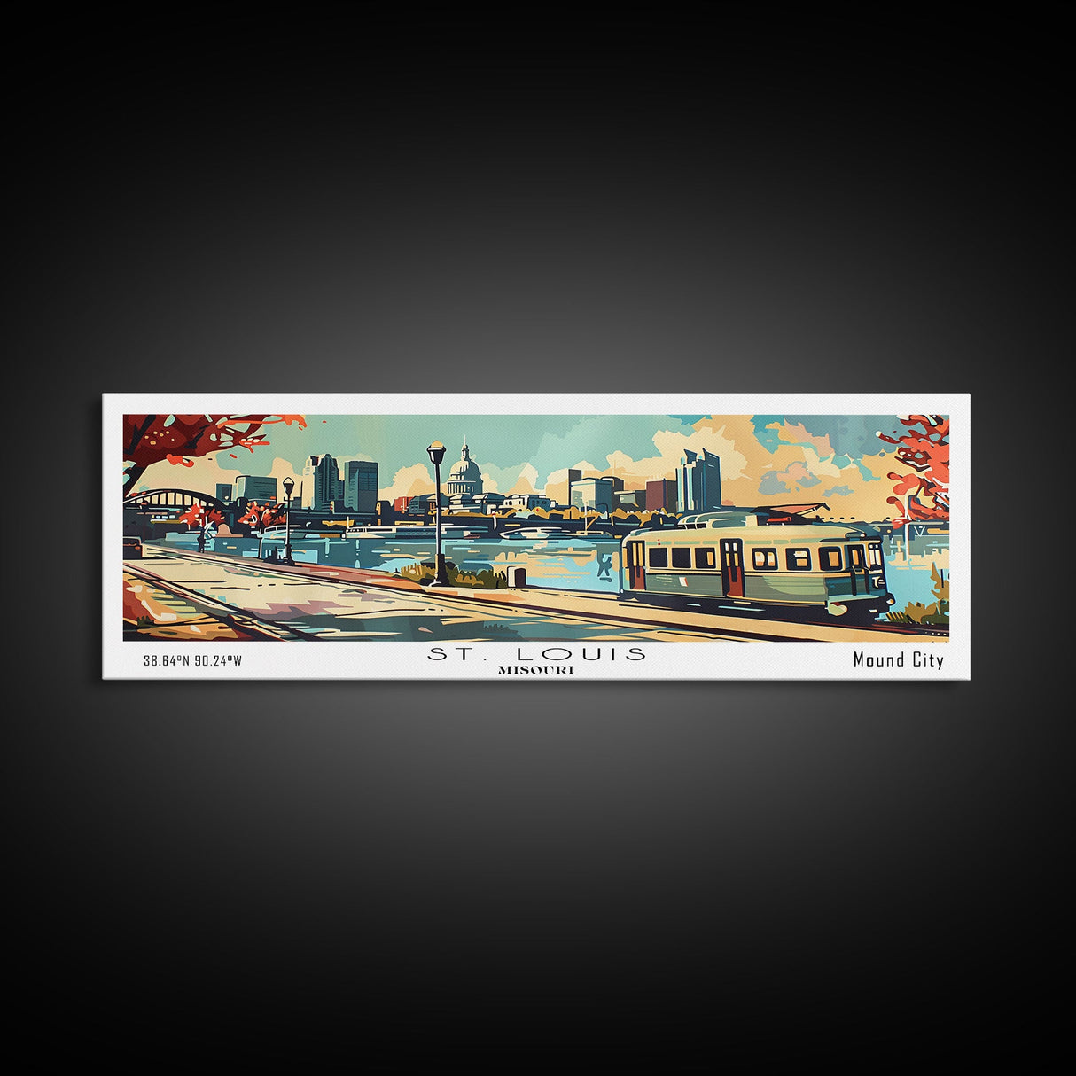 St. Louis Missouri Panoramic Painting, Mid Century Modern Framed Canvas Print, Retro Pop Art Travel Poster, Living Room Wall Art and Office Decor