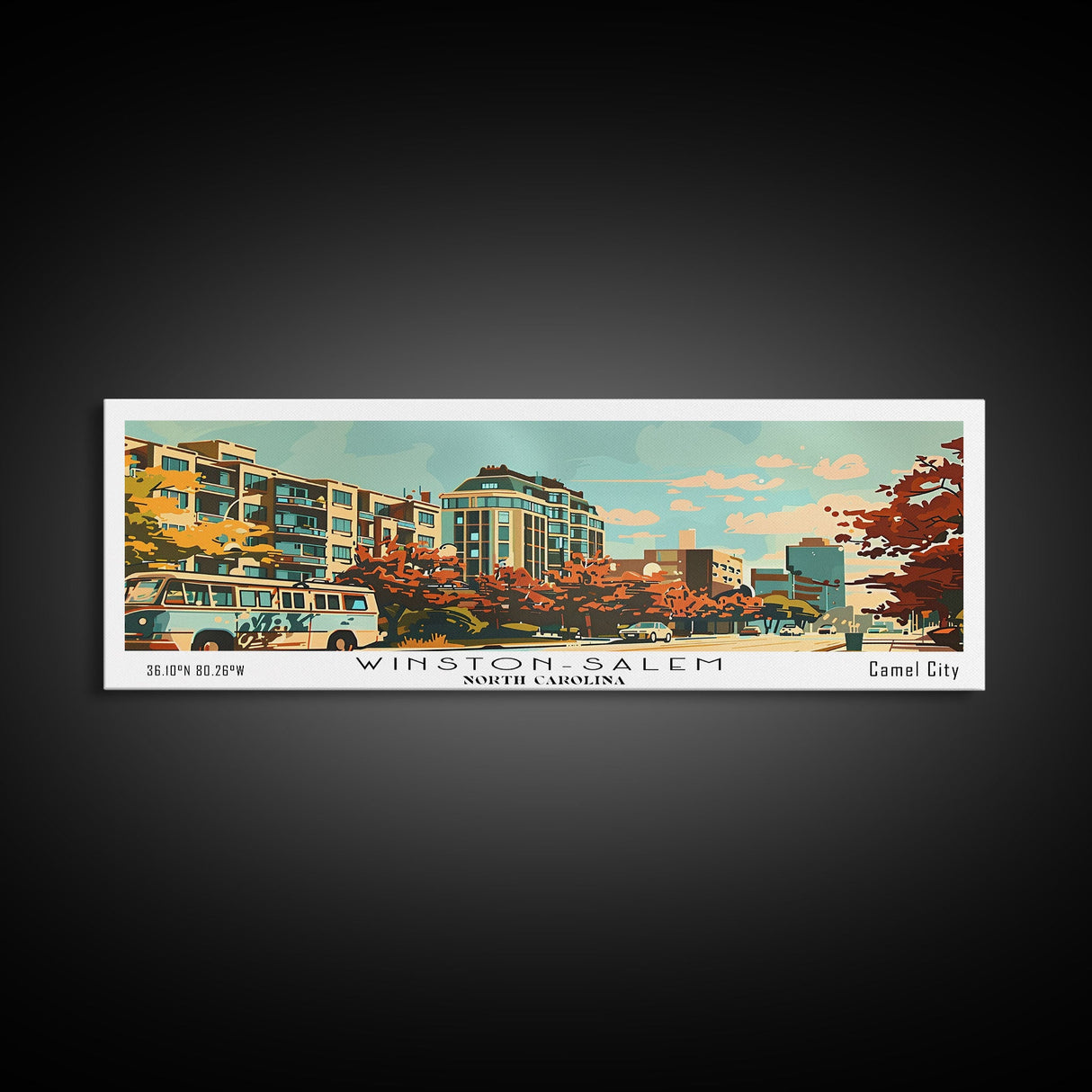 Winston-Salem North Carolina Panoramic Painting, Mid Century Modern Framed Canvas Print, Retro Pop Art Travel Poster, Living Room Wall Art Decor