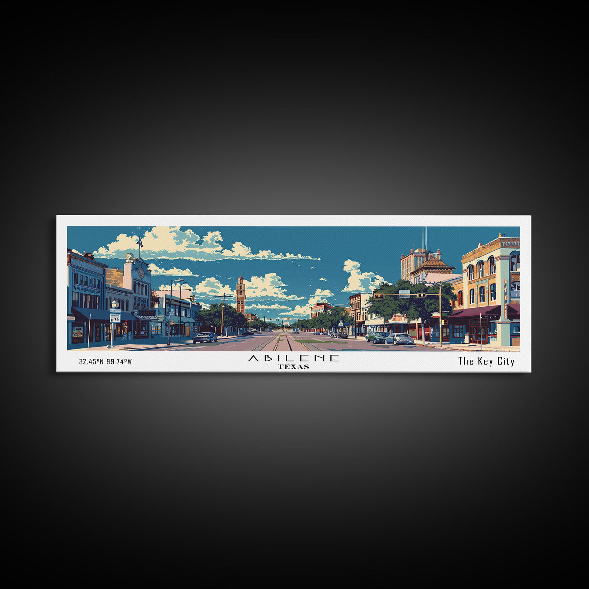 Abilene Texas Panoramic Painting, Mid Century Modern Framed Canvas Print, Retro Pop Art Travel Poster, Office Wall Art Decor, City Print