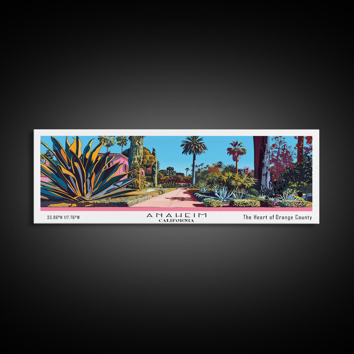 Anaheim California Panoramic Painting, Mid Century Modern Framed Canvas Print, Retro Pop Art Travel Poster, Home Decor, City Art