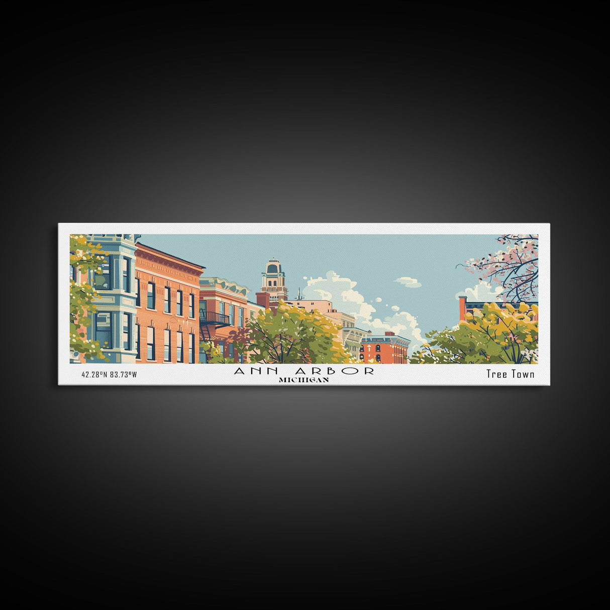 Ann Arbor Michigan Panoramic Painting, Mid Century Modern Framed Canvas Print, Retro Pop Art Travel Poster, Living Room Wall Art Decor, City Print