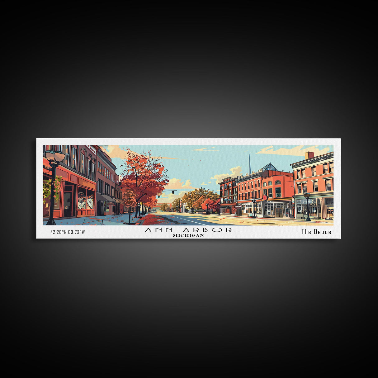 Ann Arbor Michigan Panoramic Painting, Mid Century Modern Framed Canvas Print, Retro Pop Art Travel Poster, Office Art, City Print