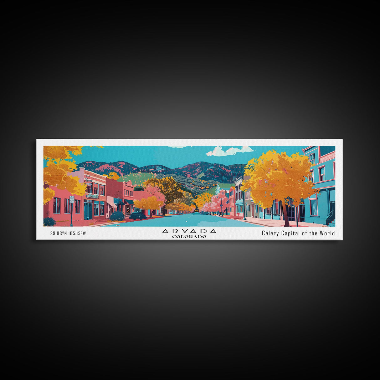 Arvada Colorado Panoramic Painting, Mid Century Modern Framed Canvas Print, Retro Pop Art Travel Poster, Living Room Wall Art, City Print