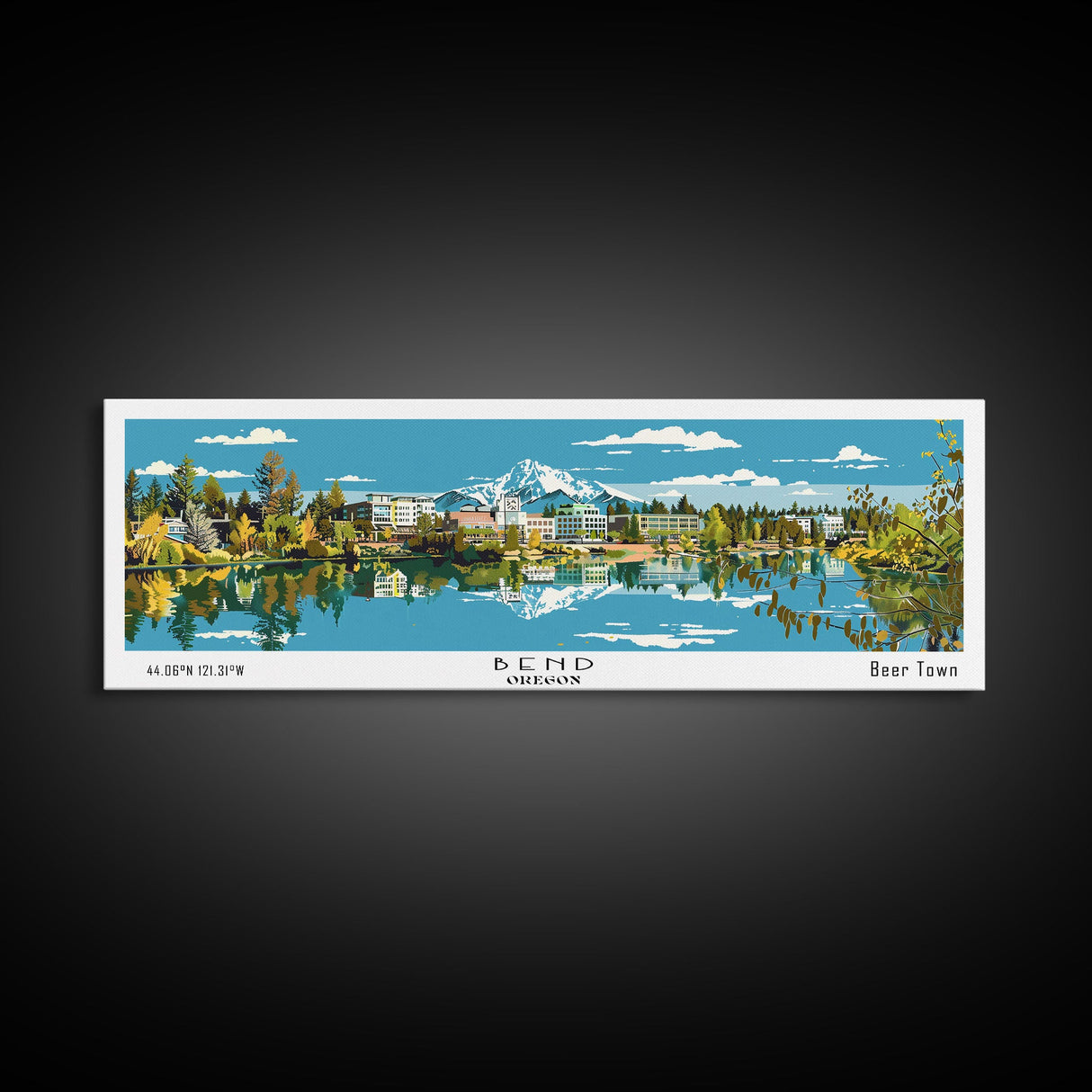 Bend Oregon Panoramic Painting, Mid Century Modern Framed Canvas Print, Retro Pop Art Travel Poster, City Wall Art Decor, Office Art