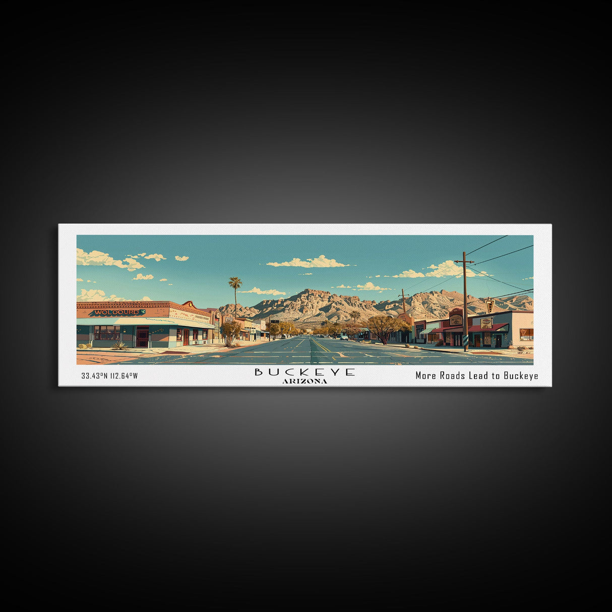 Buckeye Arizona Panoramic Painting, Mid Century Modern Framed Canvas Print, Retro Pop Art Travel Poster, Office Wall Art Decor, City Print