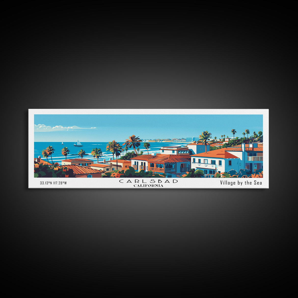 Carlsbad California Panoramic Painting, Mid Century Modern Framed Canvas Print, Retro Pop Art Travel Poster, Living Room Wall Art, City Print