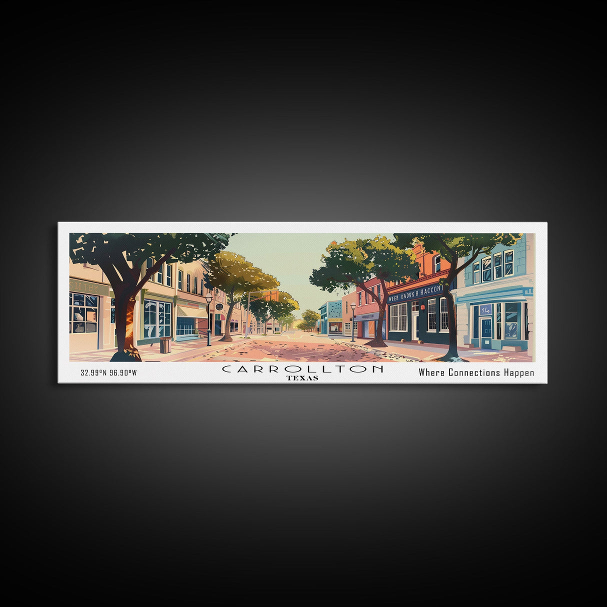 Carrollton Texas Panoramic Painting, Mid Century Modern Framed Canvas Print, Retro Pop Art Travel Poster, Office Wall Art, City Print