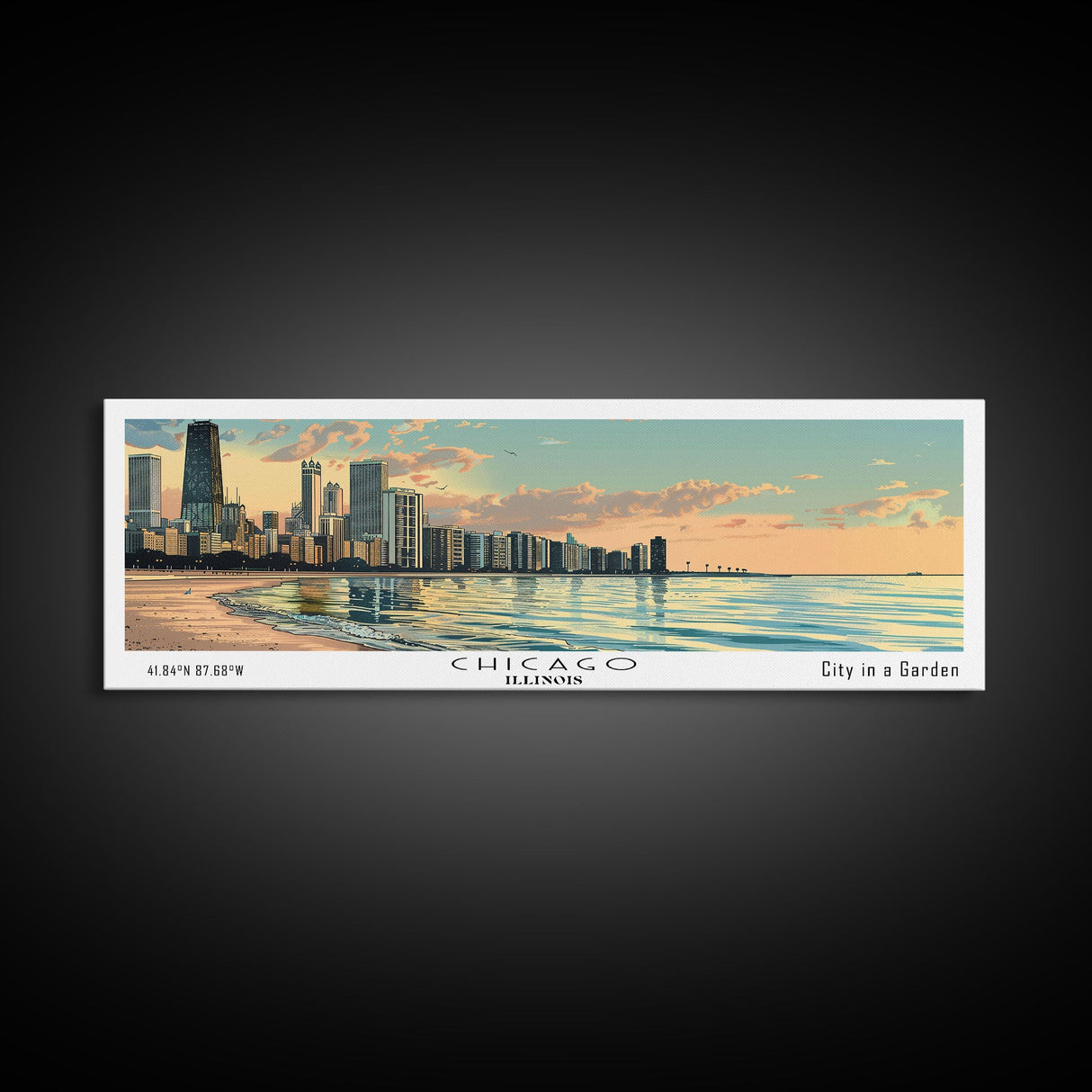 Chicago Florida Panoramic Painting, Mid Century Modern Framed Canvas Print, Retro Pop Art Travel Poster, Living Room Wall Art, City Art