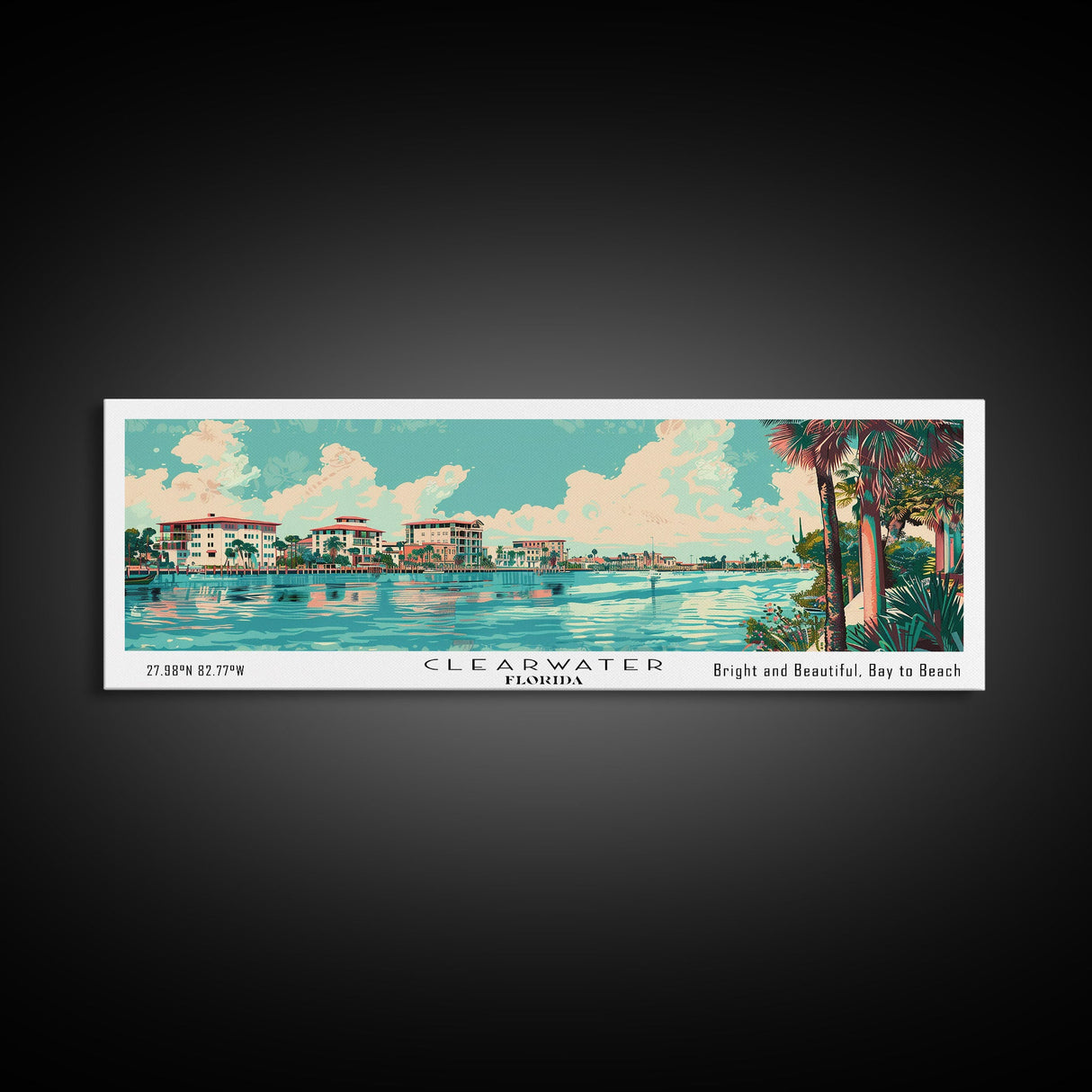 Clearwater Florida Panoramic Painting, Mid Century Modern Framed Canvas Print, Retro Pop Art Travel Poster, Home Decor, City Art