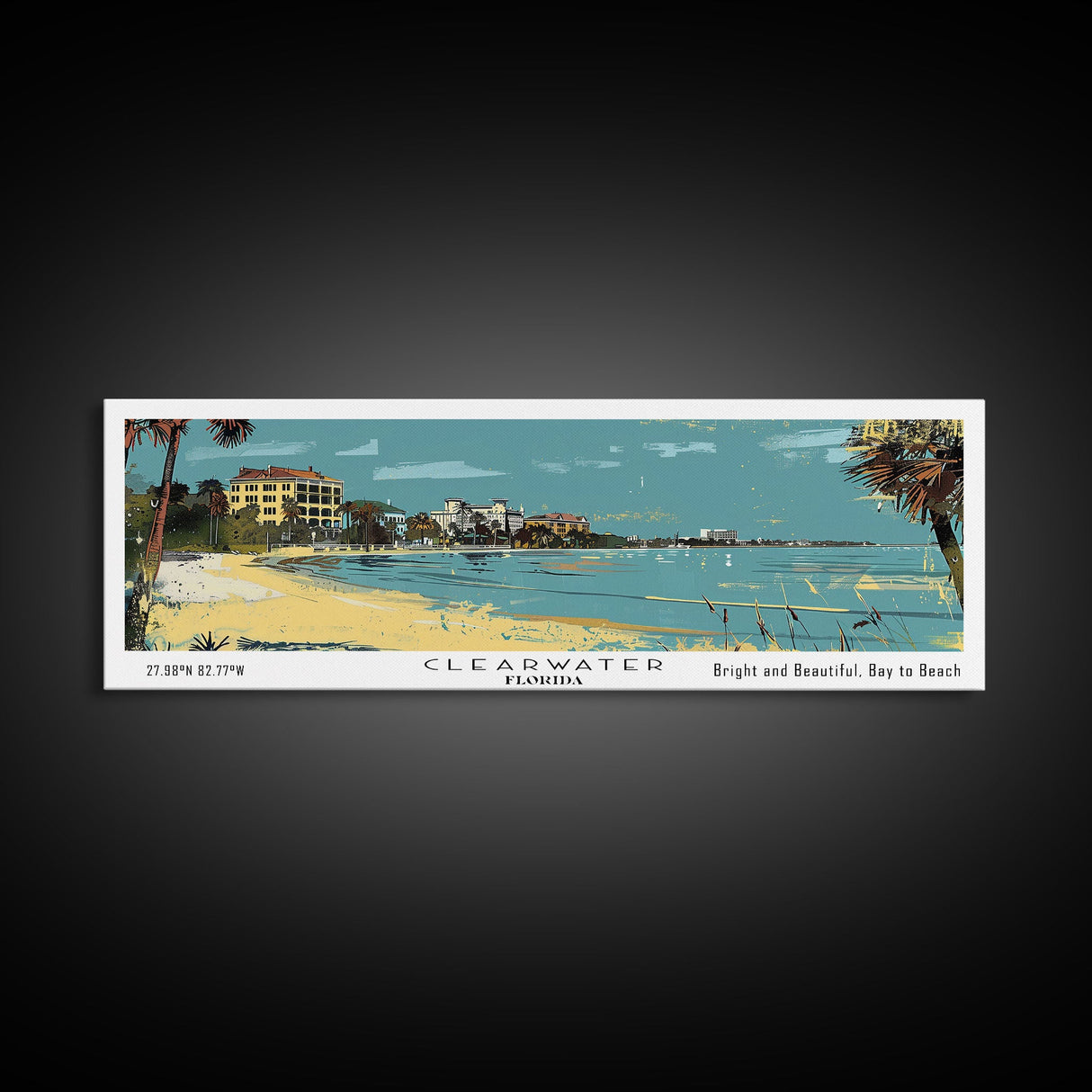 Clearwater Florida Panoramic Painting, Mid Century Modern Framed Canvas Print, Retro Pop Art Travel Poster, Home Decor, City Art