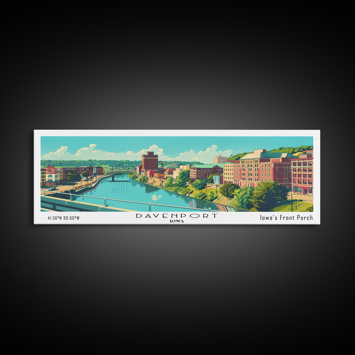 Davenport Iowa Panoramic Wall Art, Mid Century Modern Framed Canvas Print, Retro Pop Art Travel Poster, City Art Gift, Home Decor