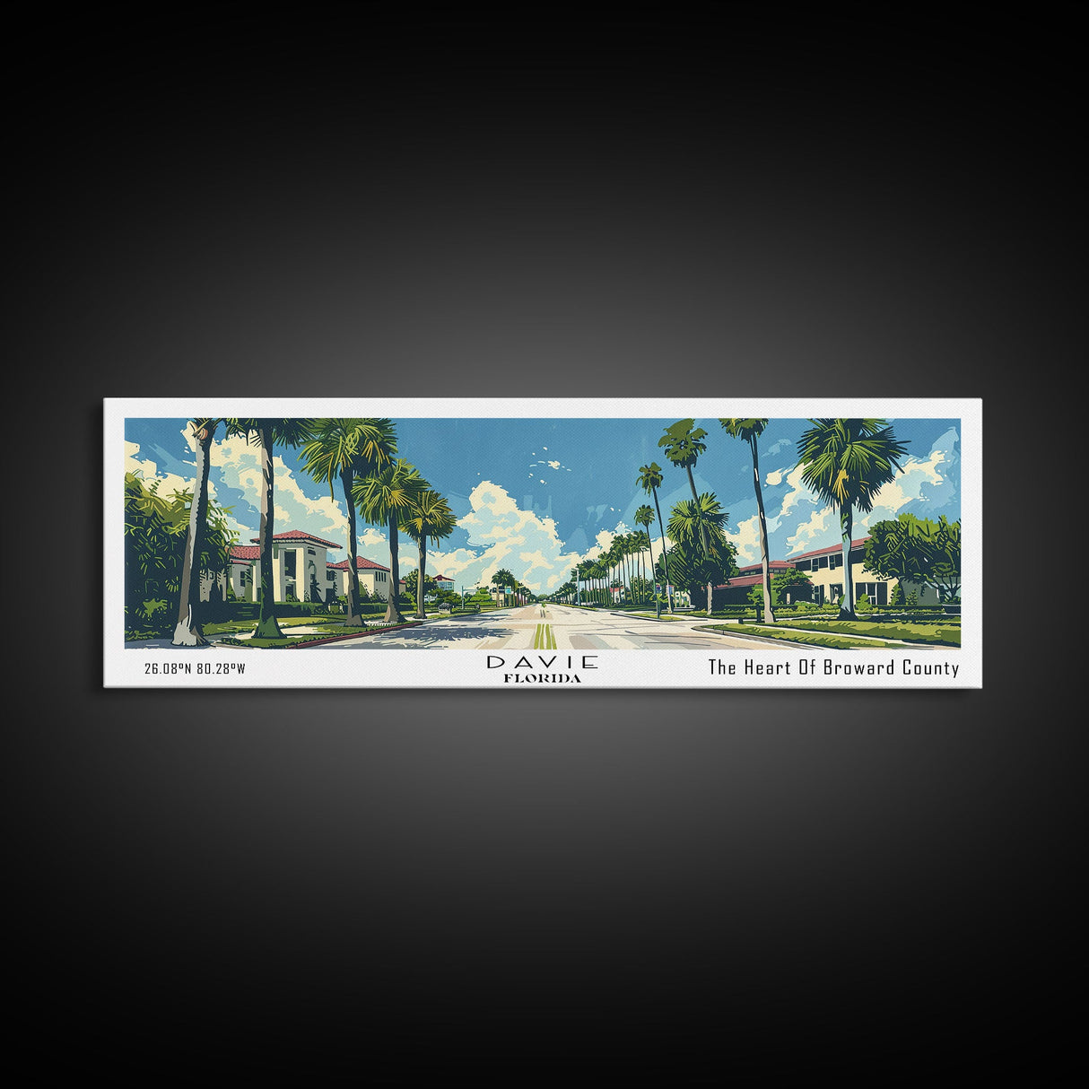 Davie Florida Panoramic Painting, Mid Century Modern Framed Canvas Print, Retro Pop Art Travel Poster, City Wall Art, Home Decor