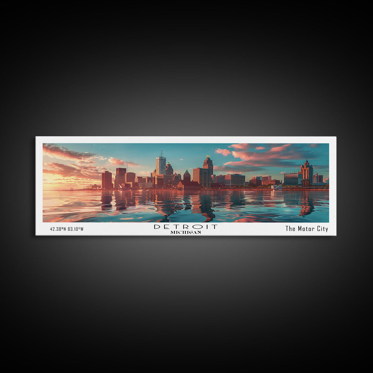 Detroit Michigan Panoramic Painting, Mid Century Modern Framed Canvas Print, Retro Pop Art Travel Poster, City Wall Decor, Home Art