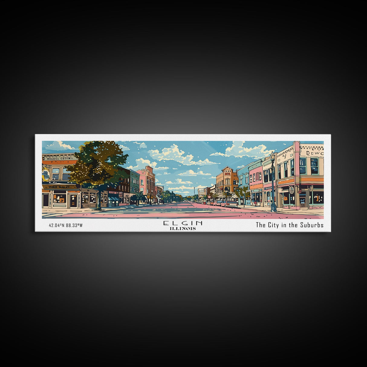 Elgin Illinois Panoramic Painting, Mid Century Modern Framed Canvas Print, Retro Pop Art Travel Poster, City Wall Art, Living Room Decor