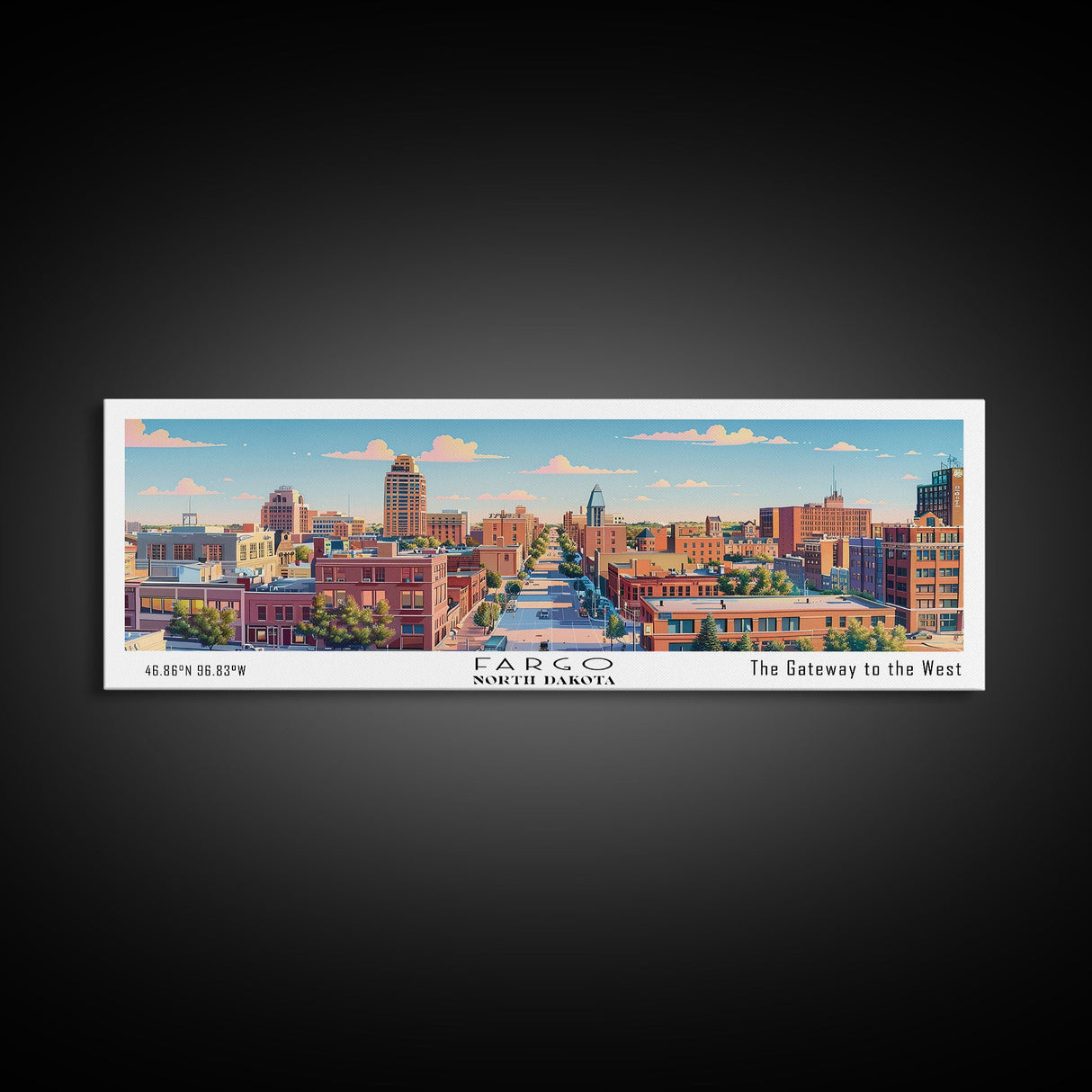 Fargo North Dakota Panoramic Painting, Mid Century Modern Framed Canvas Print, Retro Pop Art Travel Poster, City Wall Art