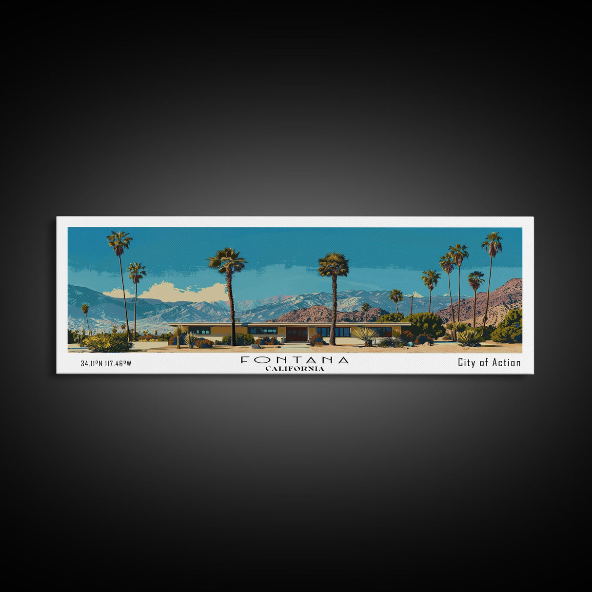 Fontana California Panoramic Painting, Mid Century Modern Framed Canvas Print, Retro Pop Art Travel Poster, Living Room Wall Art