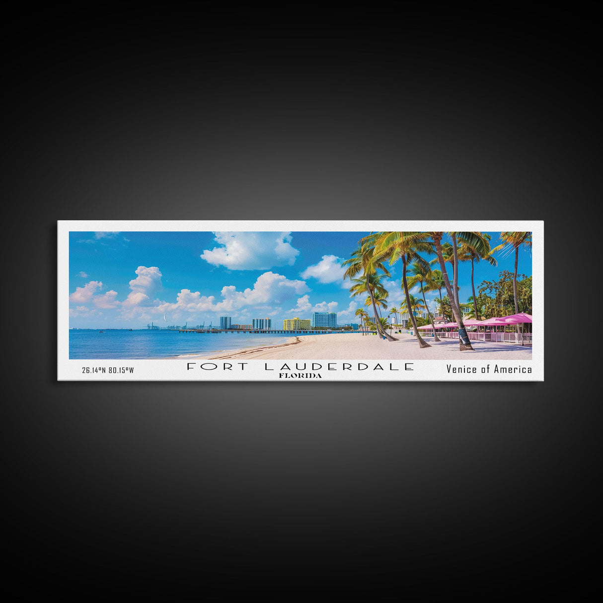 Fort Lauderdale Florida Panoramic Painting, Mid Century Modern Framed Canvas Print, Retro Pop Art Travel Poster, City Wall Art